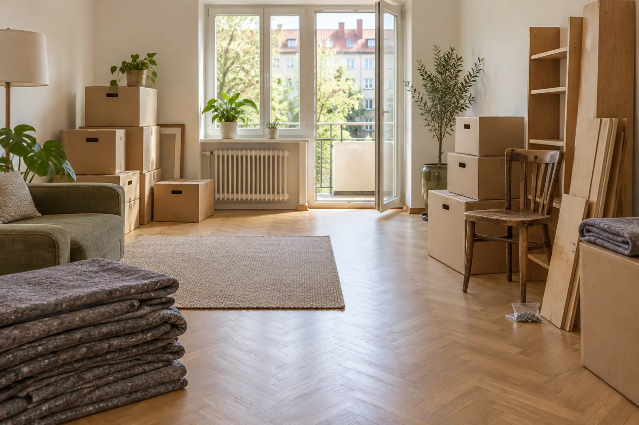 Umzugskartons und bereitgestellte Möbel in einer Wohnung