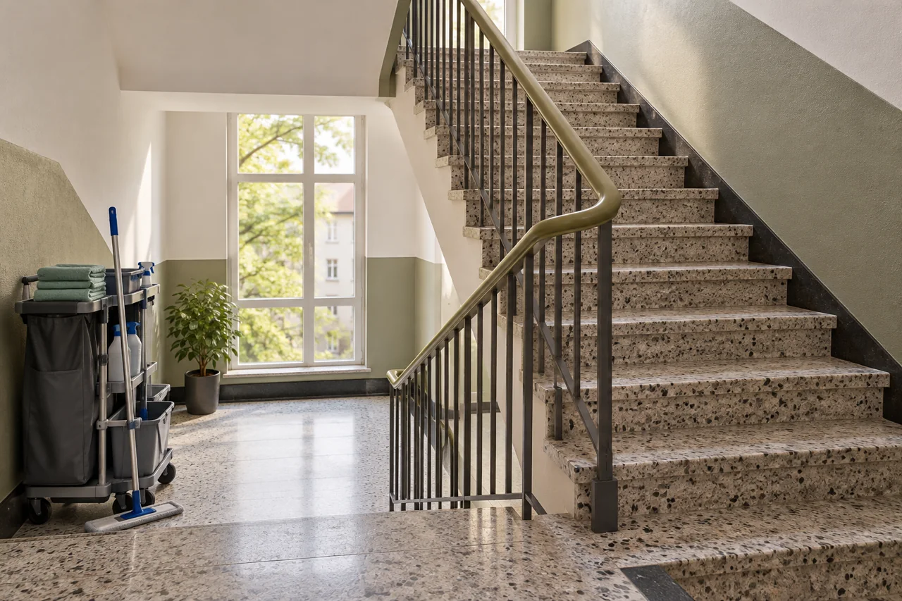 Gepflegtes Treppenhaus mit Reinigungsutensilien